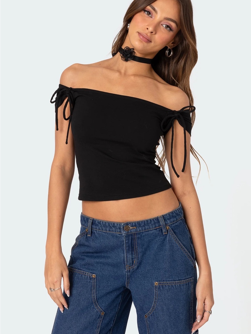 Edikted Black Off-Shoulder Tie-Sleeve Crop Top